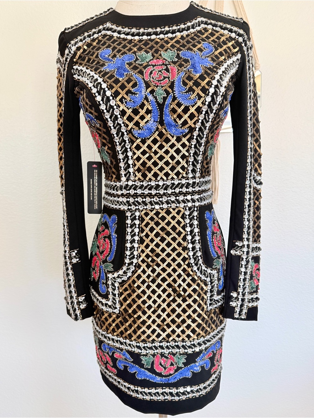 🌟 Bebe Bead & Sequin Crepe Dress Fitted Bodycon Beaded Mini Dress Black/Multi